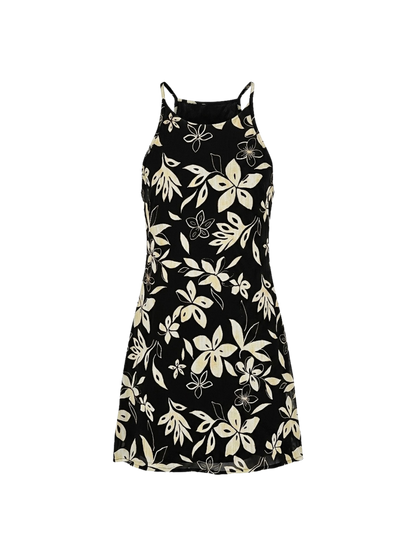 Abito vintage a fiori con spalline incrociate – stampa floreale tropicale