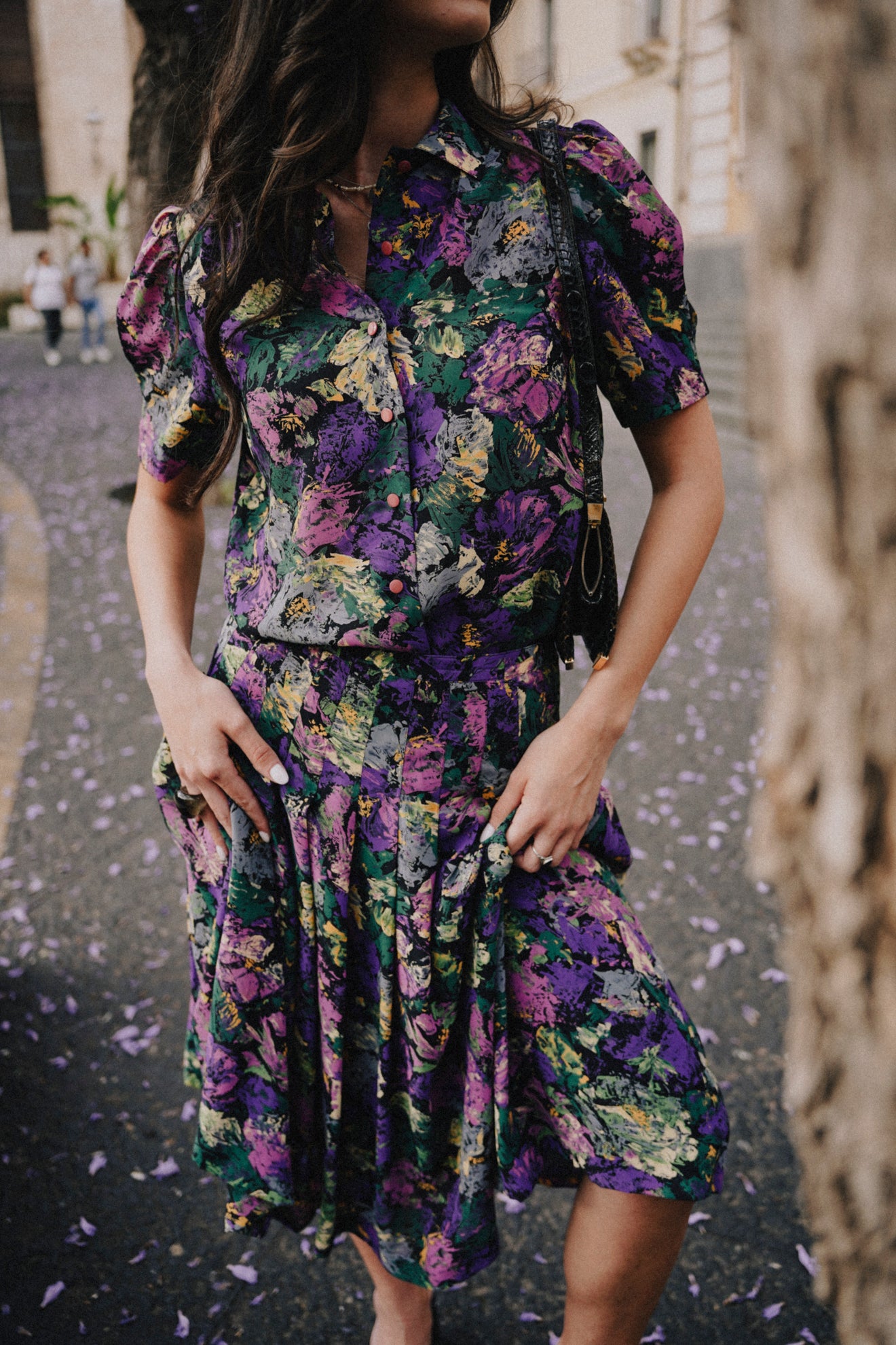 Completo vintage floreale anni ’80/’90 – camicia cropped + gonna plissé