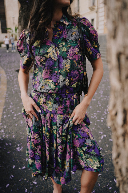 Completo vintage floreale anni ’80/’90 – camicia cropped + gonna plissé