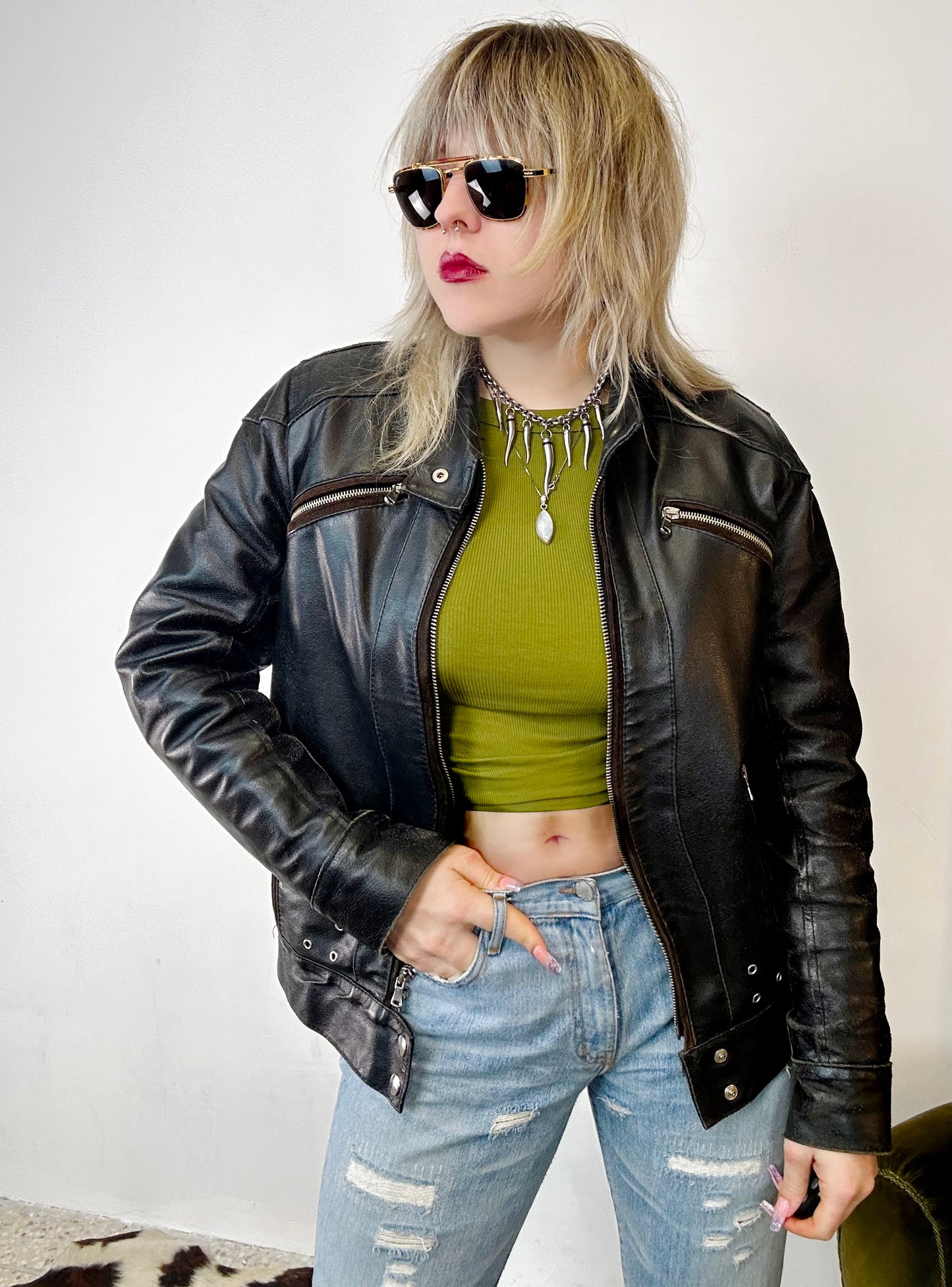 Giacca in Pelle Nera Vintage Stile Biker