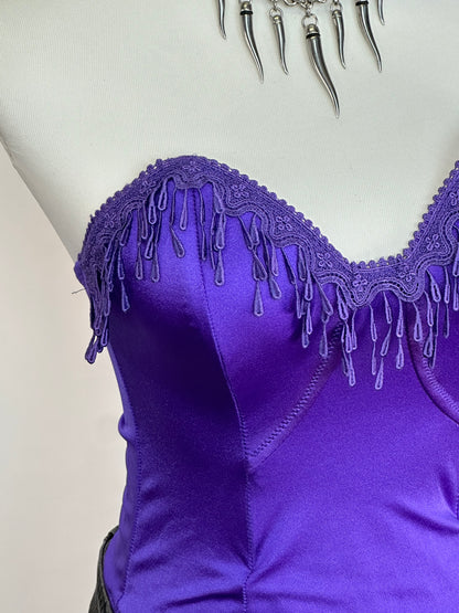 Top bustier vintage elasticizzato viola con ricami a goccia