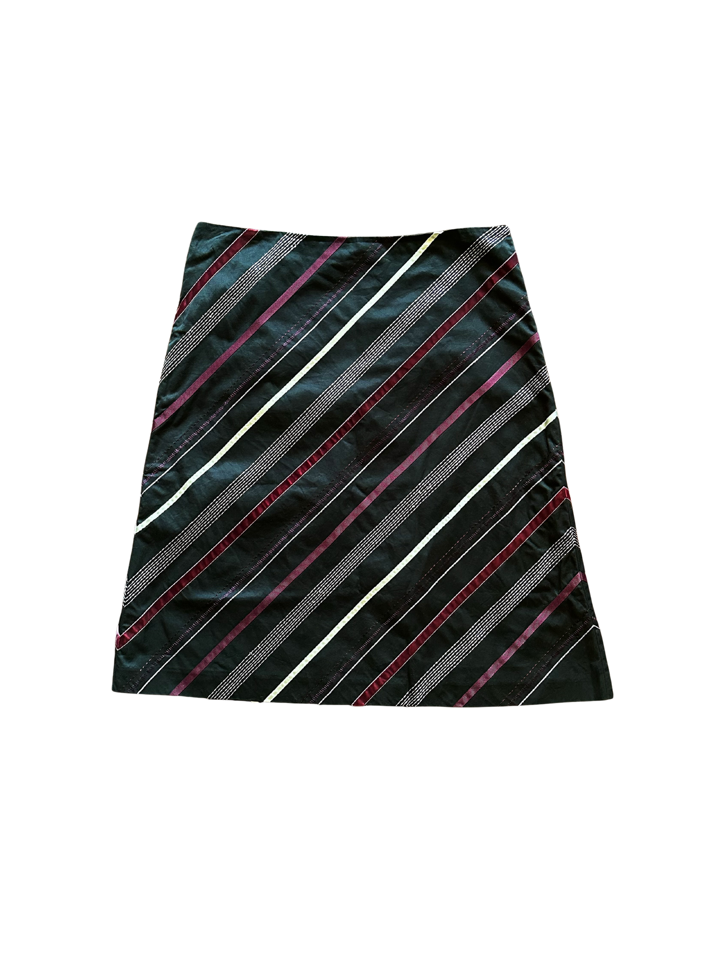 Gonna vintage a trapezio in cotone con righe diagonali – Nero/Ciliegia