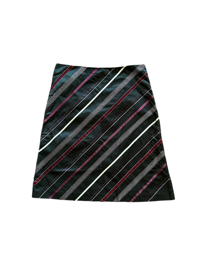 Gonna vintage a trapezio in cotone con righe diagonali – Nero/Ciliegia