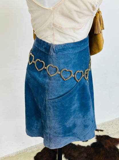 Gonna vintage in vera pelle scamosciata blu