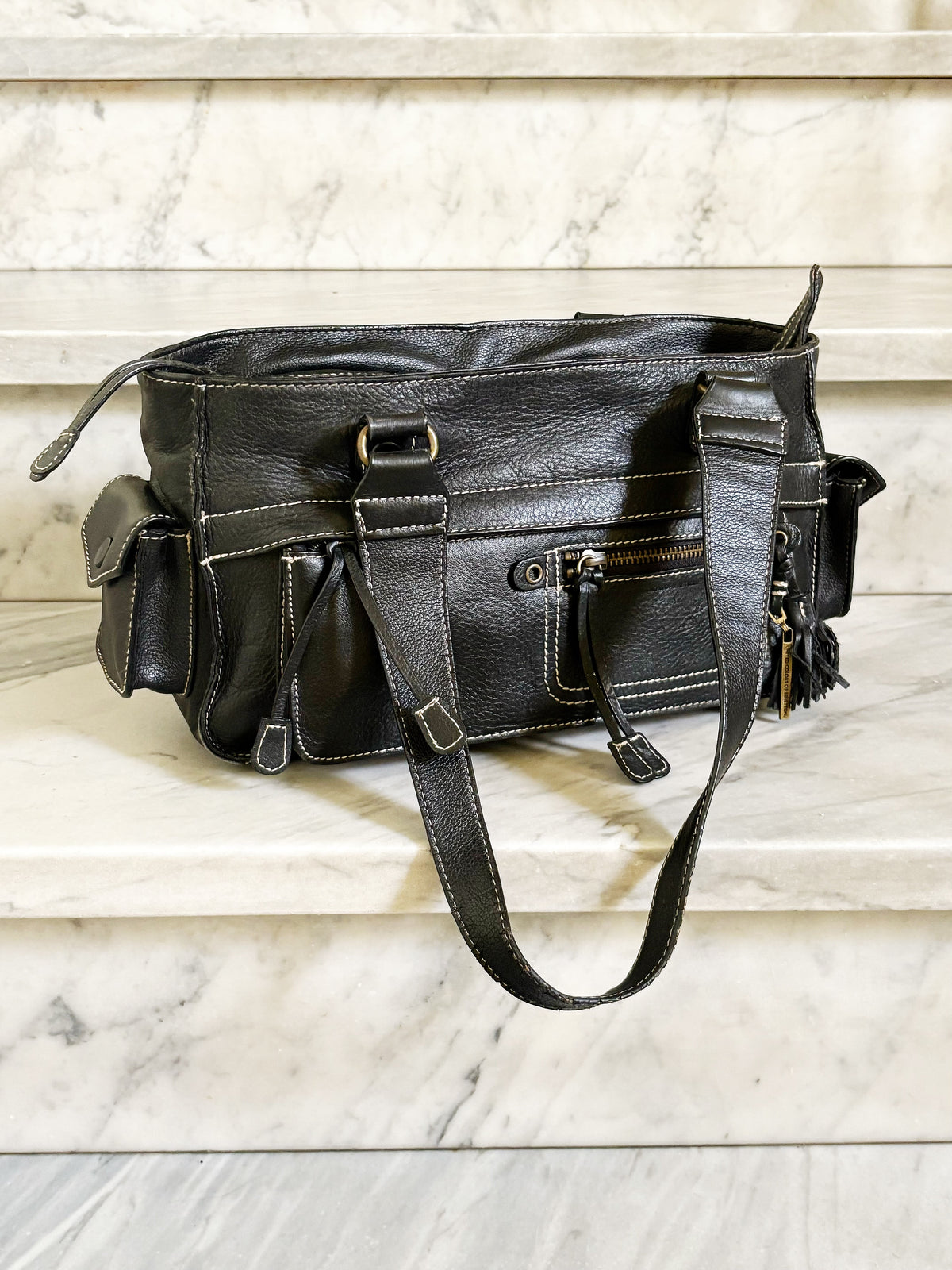 Borsa vintage Y2K in pelle marrone testa di moro multi-pocket con cuciture a contrasto
