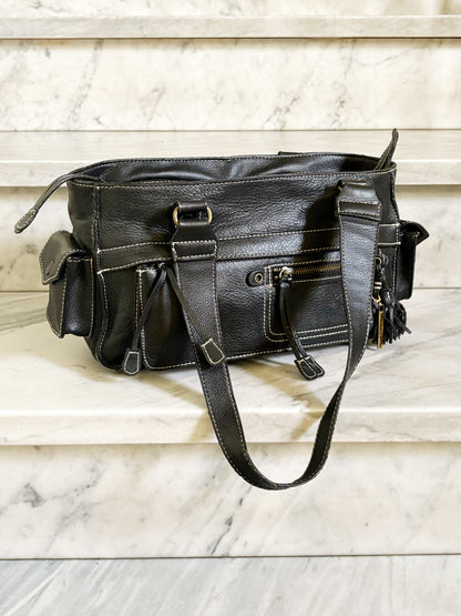 Borsa vintage Y2K in pelle marrone testa di moro multi-pocket con cuciture a contrasto