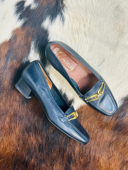 Mocassini Vintage in Pelle Blu con Fibbia Oro | Made in Italy | Tg 36