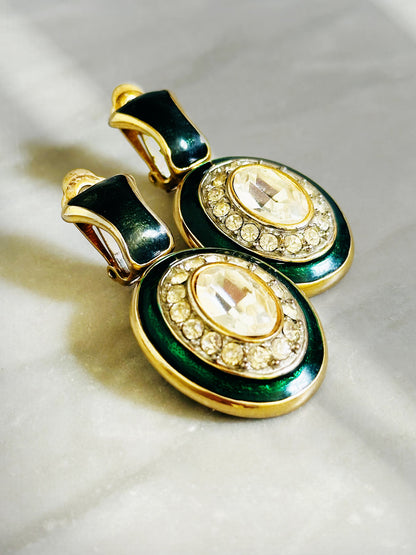Orecchini Vintage - Pendenti con Smalto Verde Petrolio e Cristalli | Clip-On