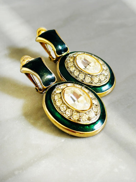 Orecchini Vintage - Pendenti con Smalto Verde Petrolio e Cristalli | Clip-On
