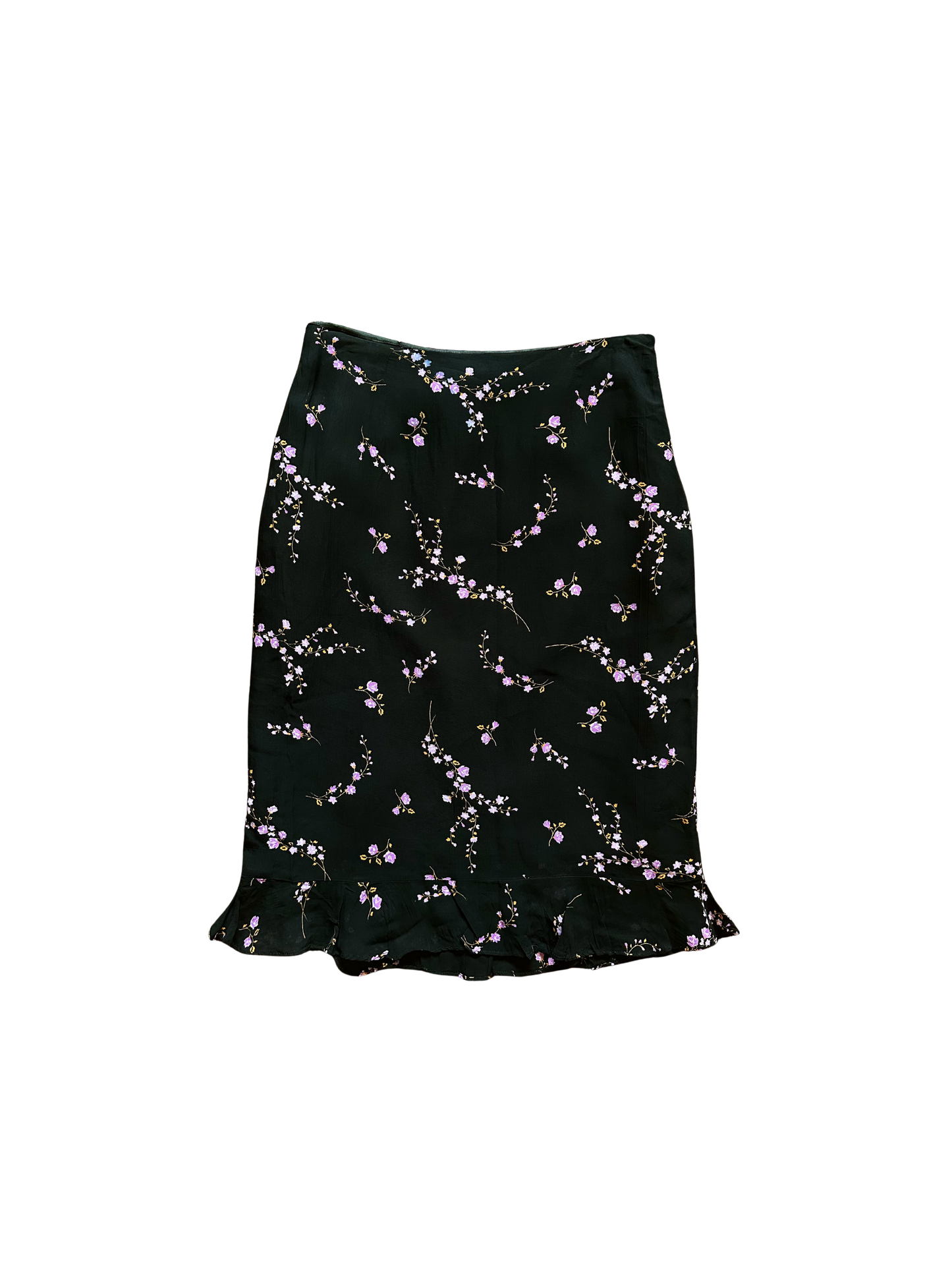 Gonna vintage floreale in viscosa con volant – Nero/Lilla