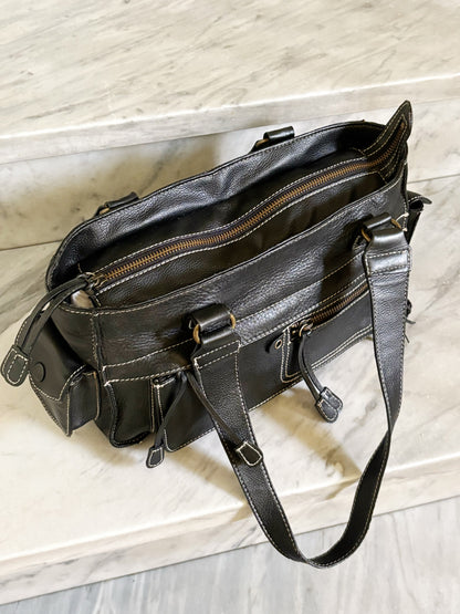 Borsa vintage Y2K in pelle marrone testa di moro multi-pocket con cuciture a contrasto