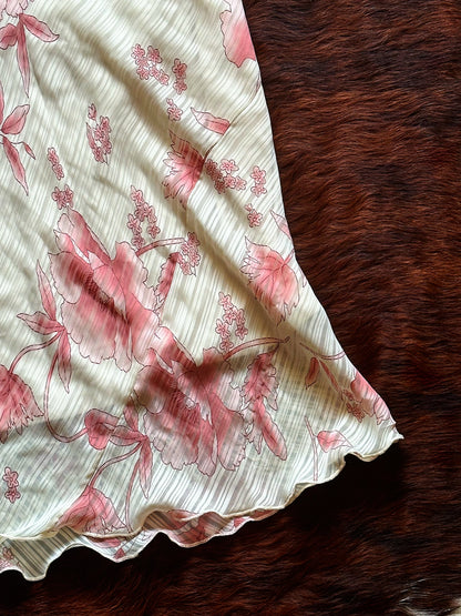 Gonna midi vintage floreale con fondo ondulato – Rosa cipria & panna | Y2K Romantic