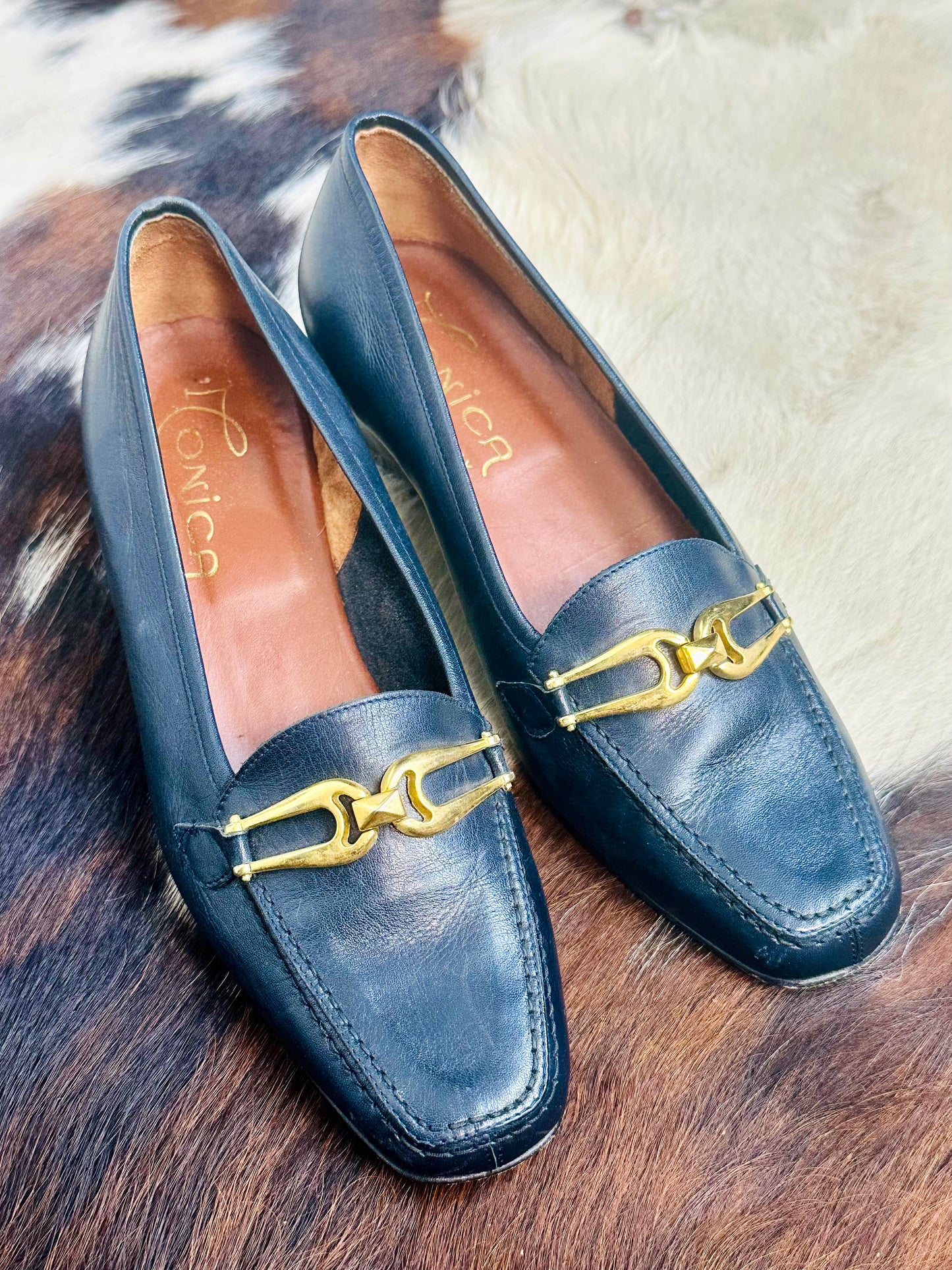 Mocassini Vintage in Pelle Blu con Fibbia Oro | Made in Italy | Tg 36