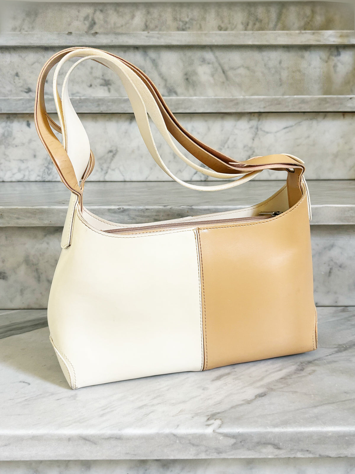 Vintage Two-Tone Leather Hobo Bag – Cream & Caramel