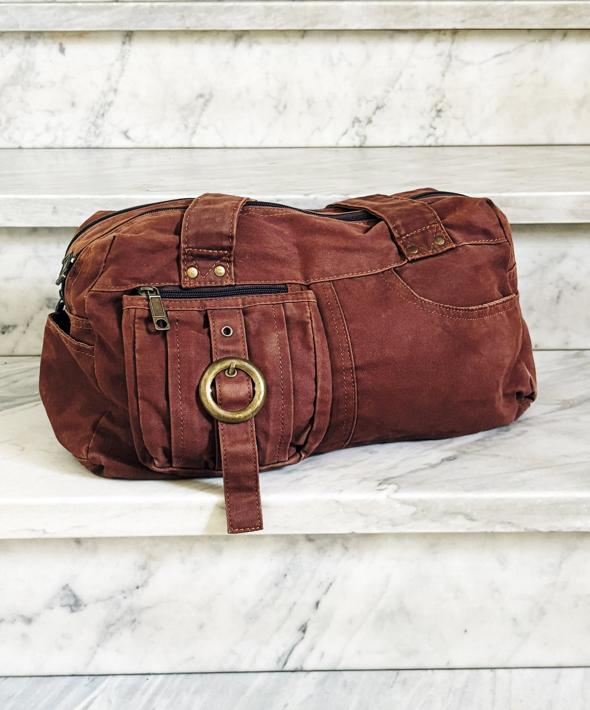 Borsa a spalla in cotone marrone ruggine multipocket – stile Y2K