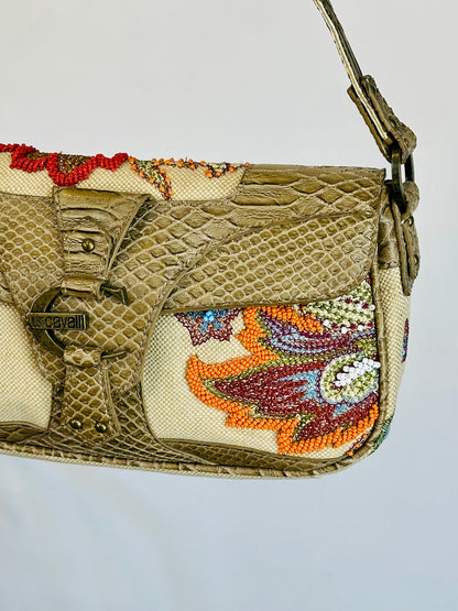 JUST CAVALLI - Borsa hobo-chic Y2K in tessuto ricamato e pelle effetto pitone
