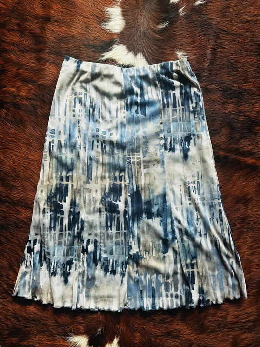 Gonna Midi Vintage Astratta nei Toni del Blu e Grigio