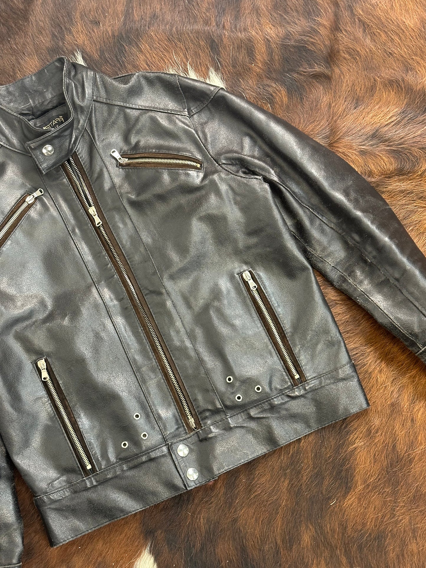 Giacca in Pelle Nera Vintage Stile Biker