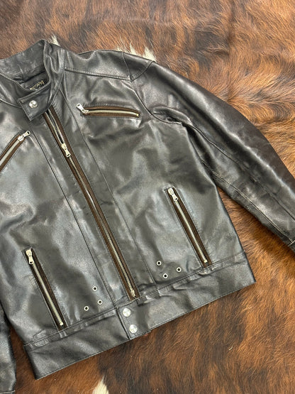 Giacca in Pelle Nera Vintage Stile Biker