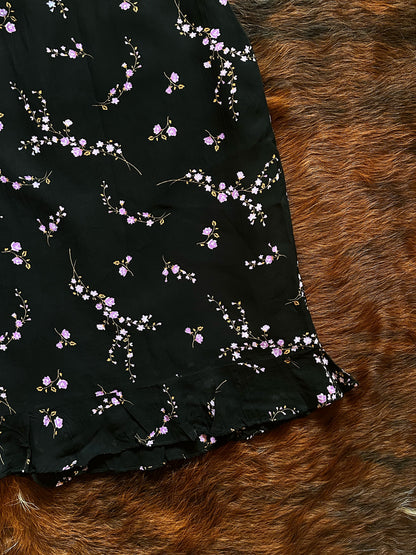 Gonna vintage floreale in viscosa con volant – Nero/Lilla