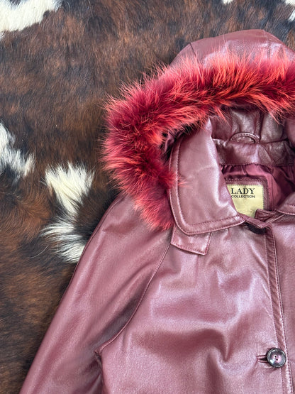 Giacca di pelle Rosso Borgogna con cappuccio e pelliccia