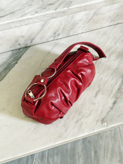 Vintage Y2K Red Leather Ruched Baguette Bag – Borsa in Pelle Rossa