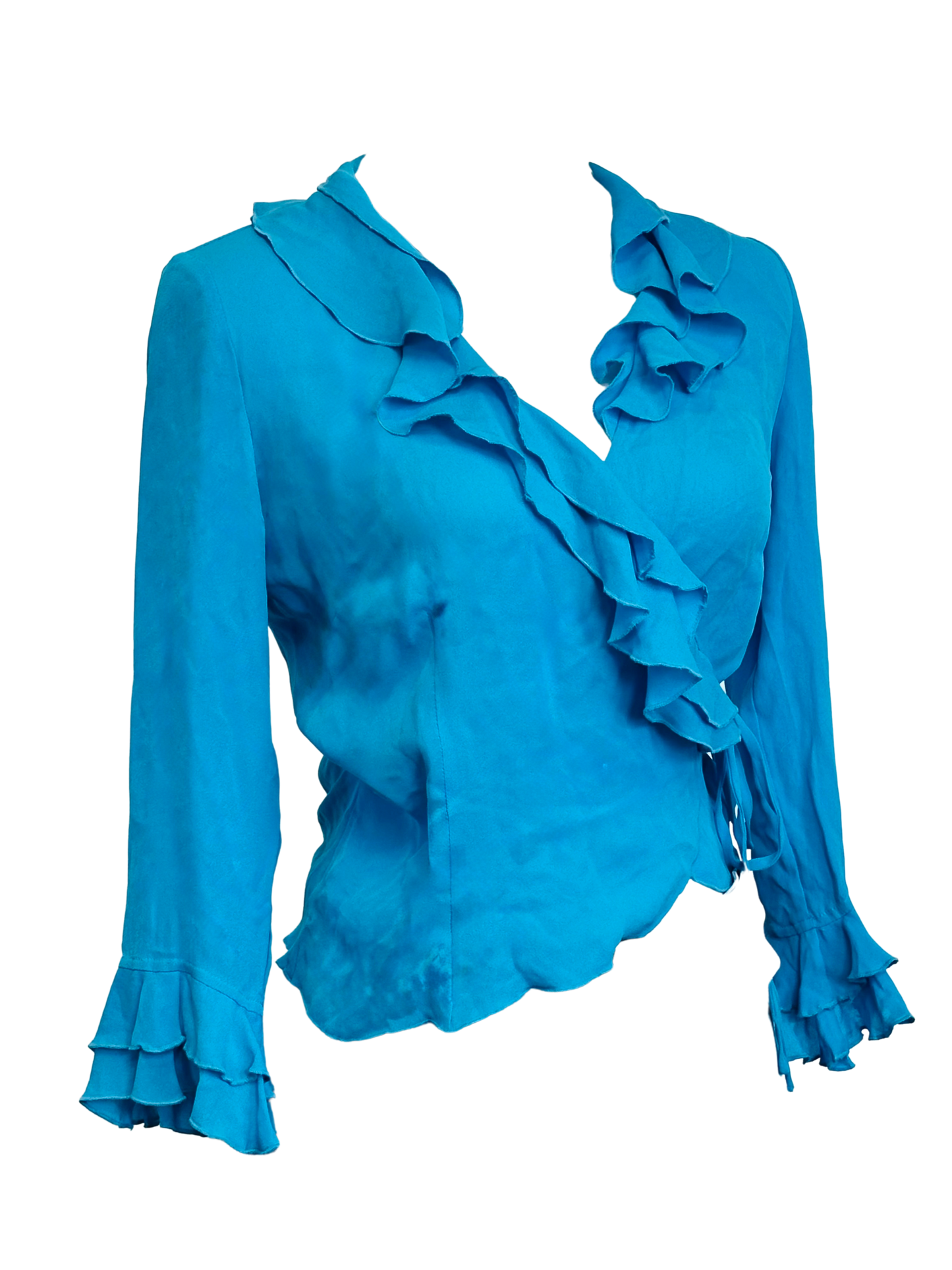 Top vintage in pura seta turchese con volant 🦋