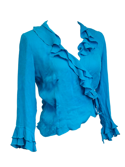 Top vintage in pura seta turchese con volant 🦋