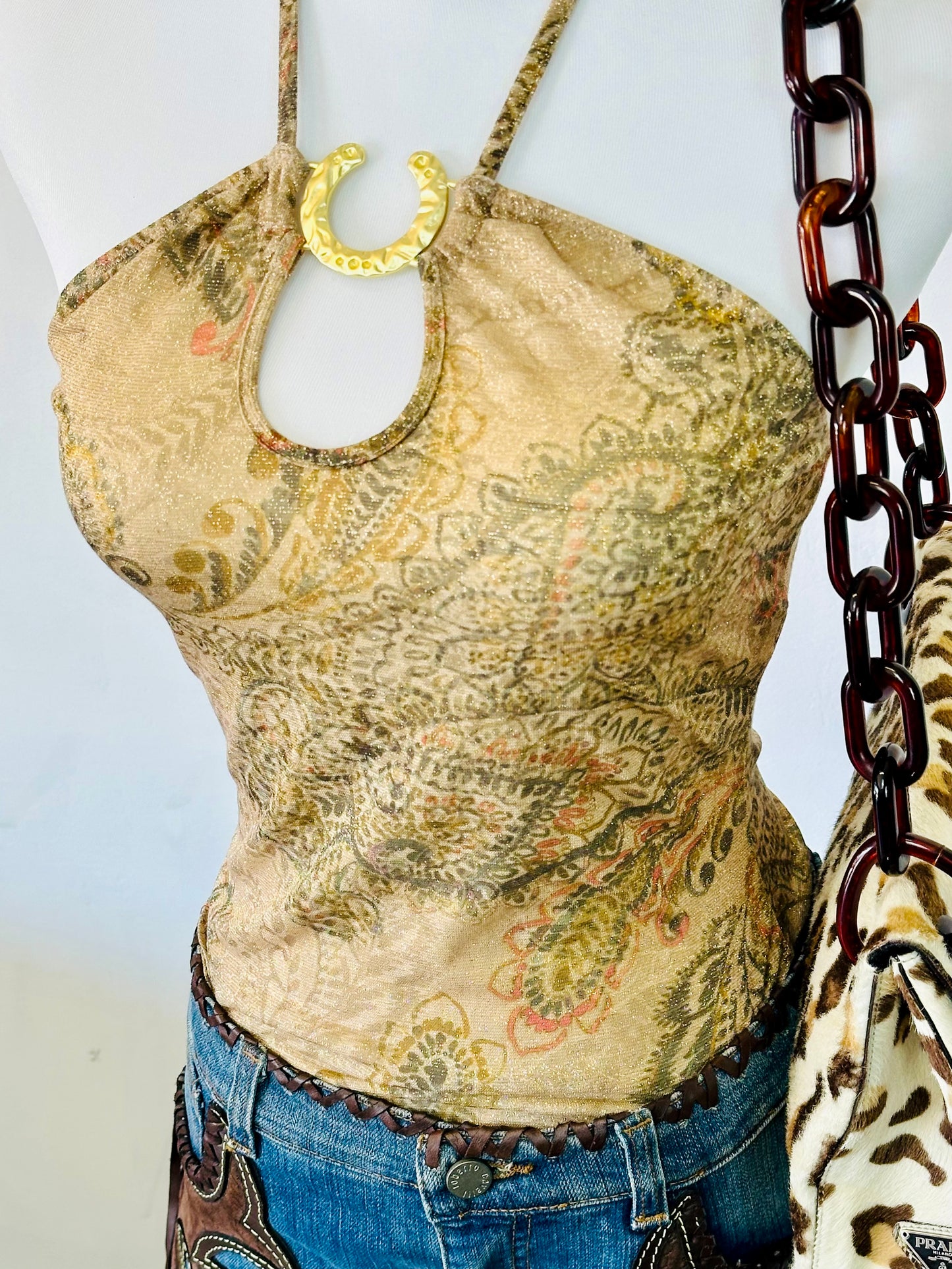 Top Halter Vintage con Stampa Paisley & Anello Gioiello – Anni 2000 Y2K Rodeo Style
