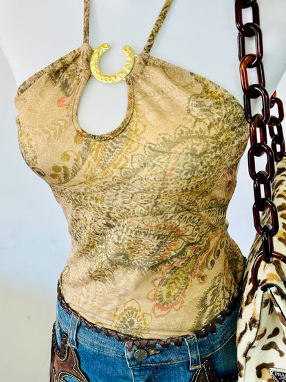 Top Halter Vintage con Stampa Paisley & Anello Gioiello – Anni 2000 Y2K Rodeo Style