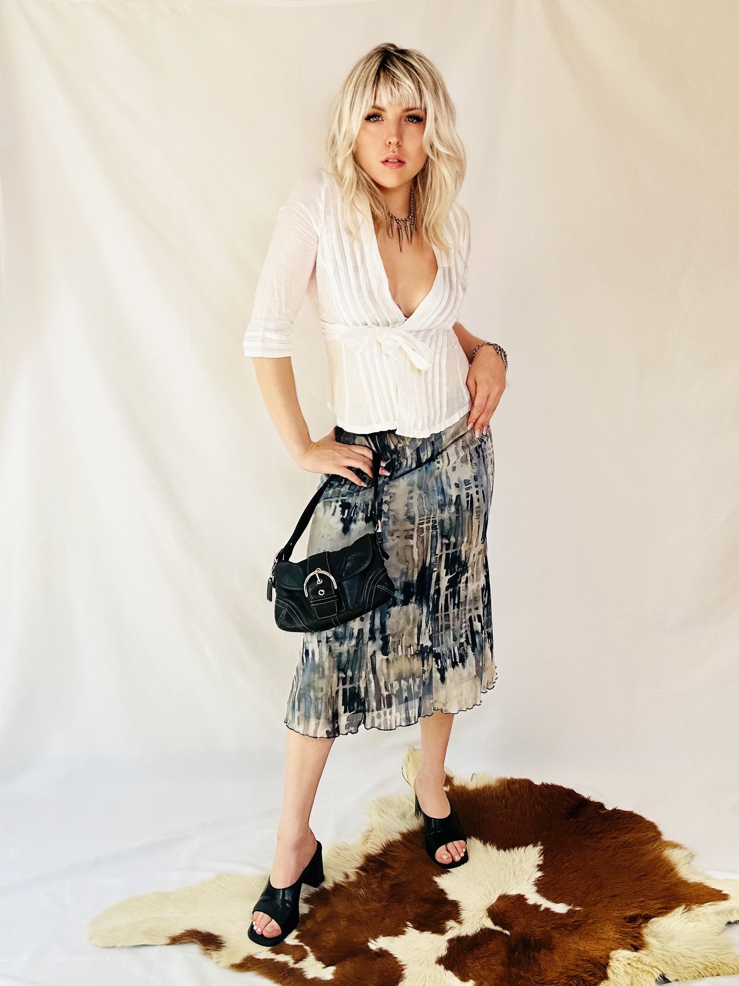 Gonna Midi Vintage Astratta nei Toni del Blu e Grigio