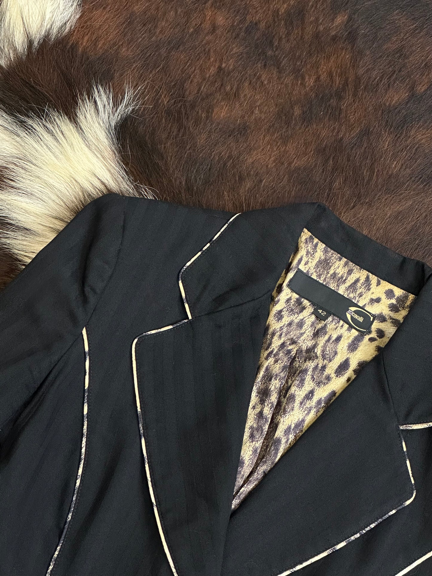 JUST CAVALLI - Blazer nero dettagli animalier e profili a contrasto