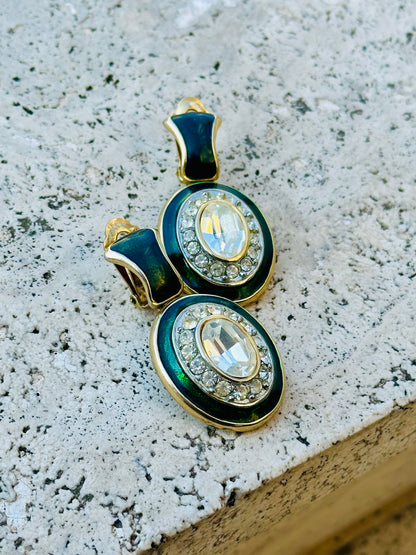 Orecchini Vintage - Pendenti con Smalto Verde Petrolio e Cristalli | Clip-On