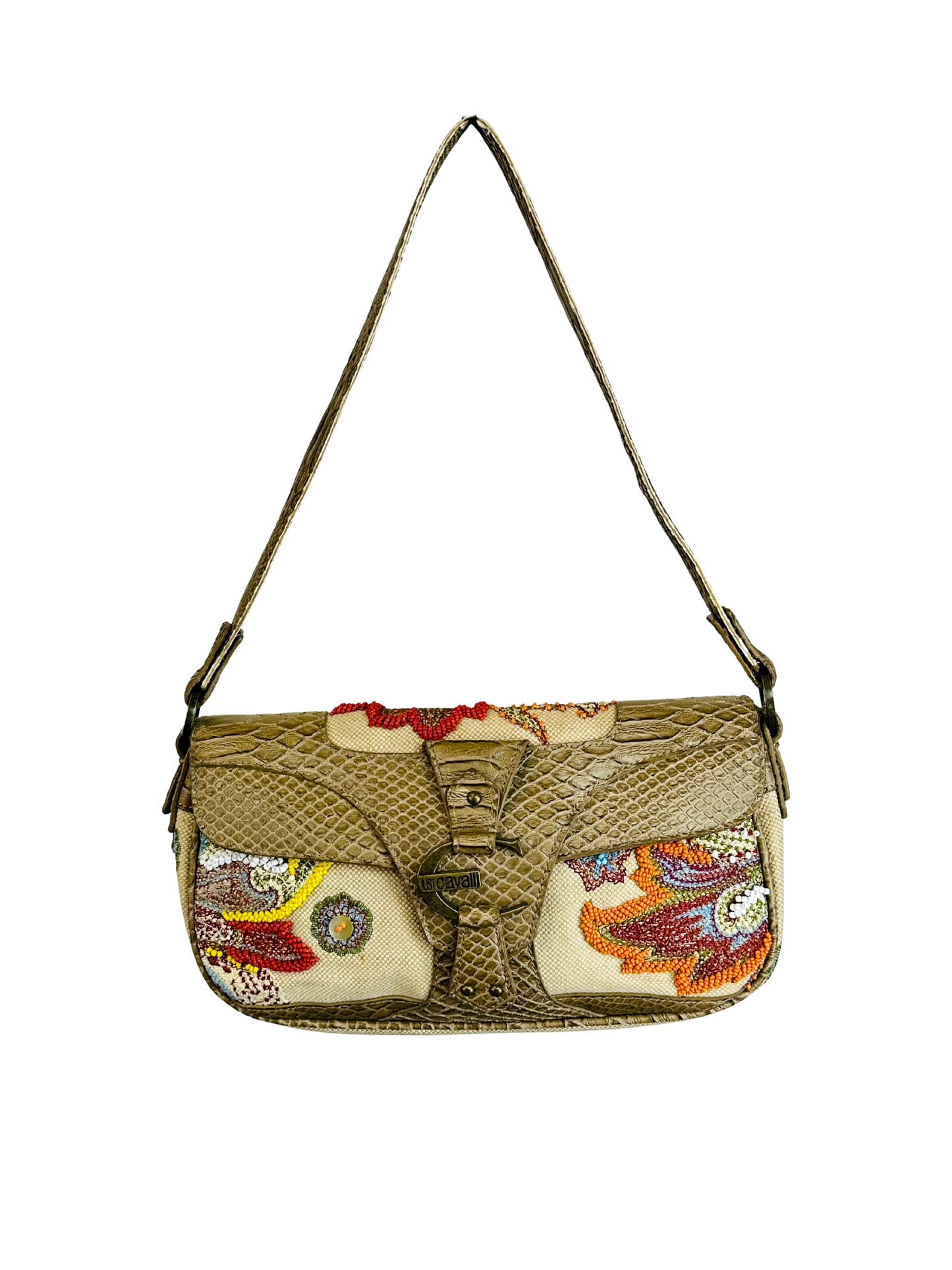 JUST CAVALLI - Borsa hobo-chic Y2K in tessuto ricamato e pelle effetto pitone