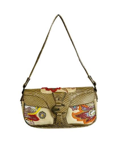 JUST CAVALLI - Borsa hobo-chic Y2K in tessuto ricamato e pelle effetto pitone