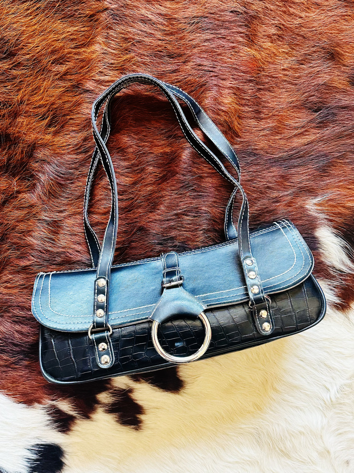 Borsa Baguette Vintage Y2K Nera Effetto Cocco Shoulder Bag