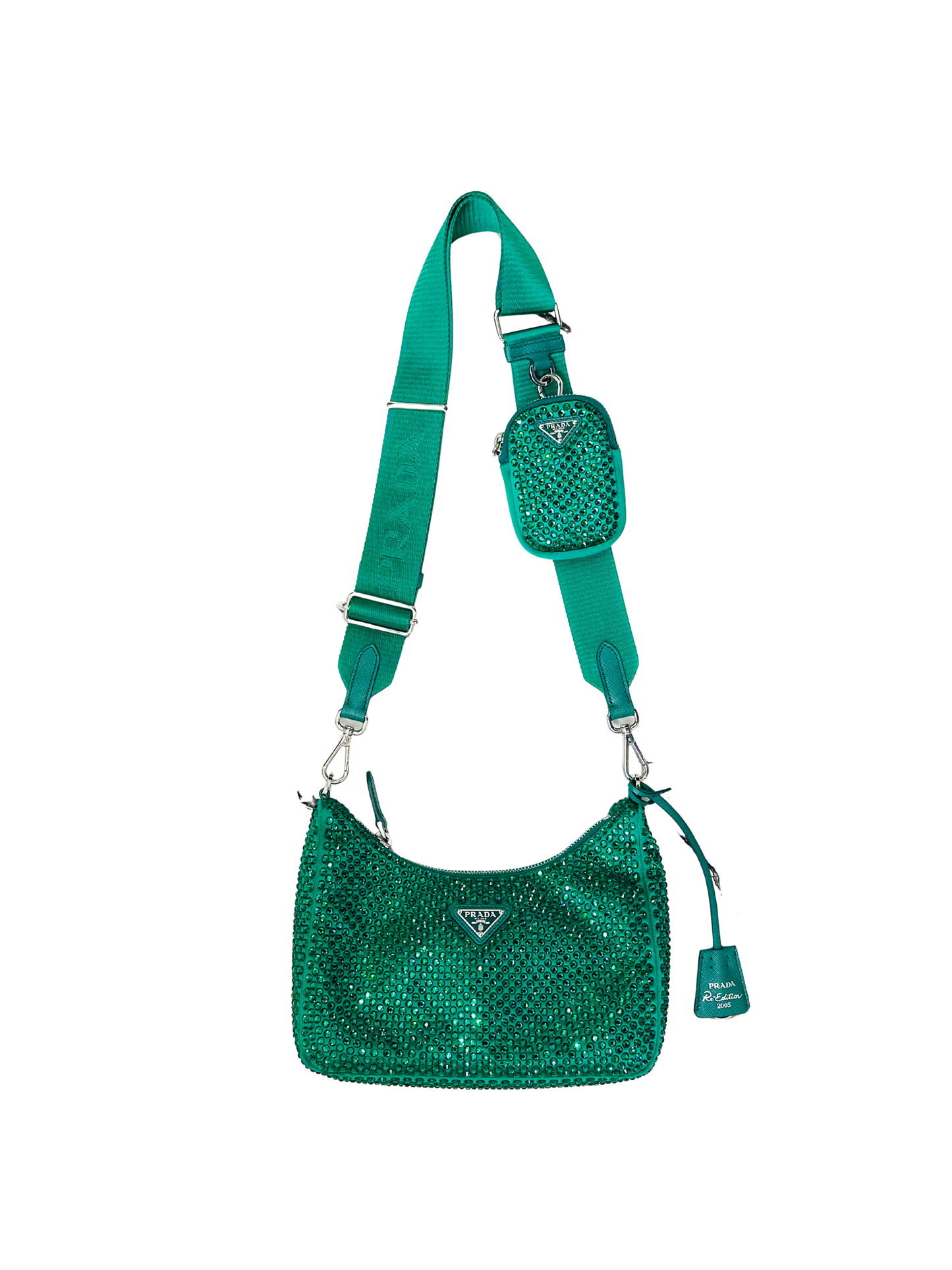 PRADA - Re-Edition 2005 Shoulder Bag – Satin Verde con Cristalli