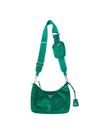 PRADA - Re-Edition 2005 Shoulder Bag – Satin Verde con Cristalli