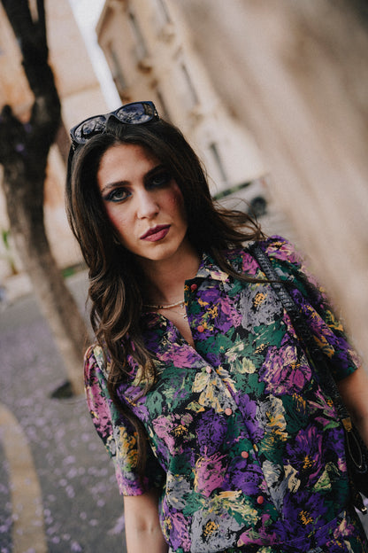 Completo vintage floreale anni ’80/’90 – camicia cropped + gonna plissé