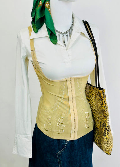 Corsetto steccato vintage in tulle ricamato – color champagne