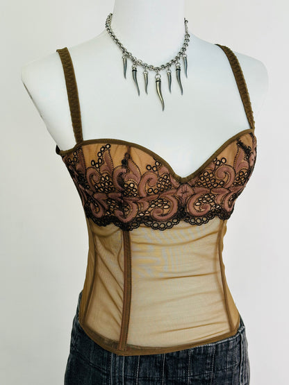 Corsetto Vintage Anni 2000 in Tulle Ricamato e Micromesh Nude