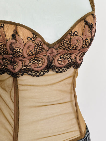 Corsetto Vintage Anni 2000 in Tulle Ricamato e Micromesh Nude