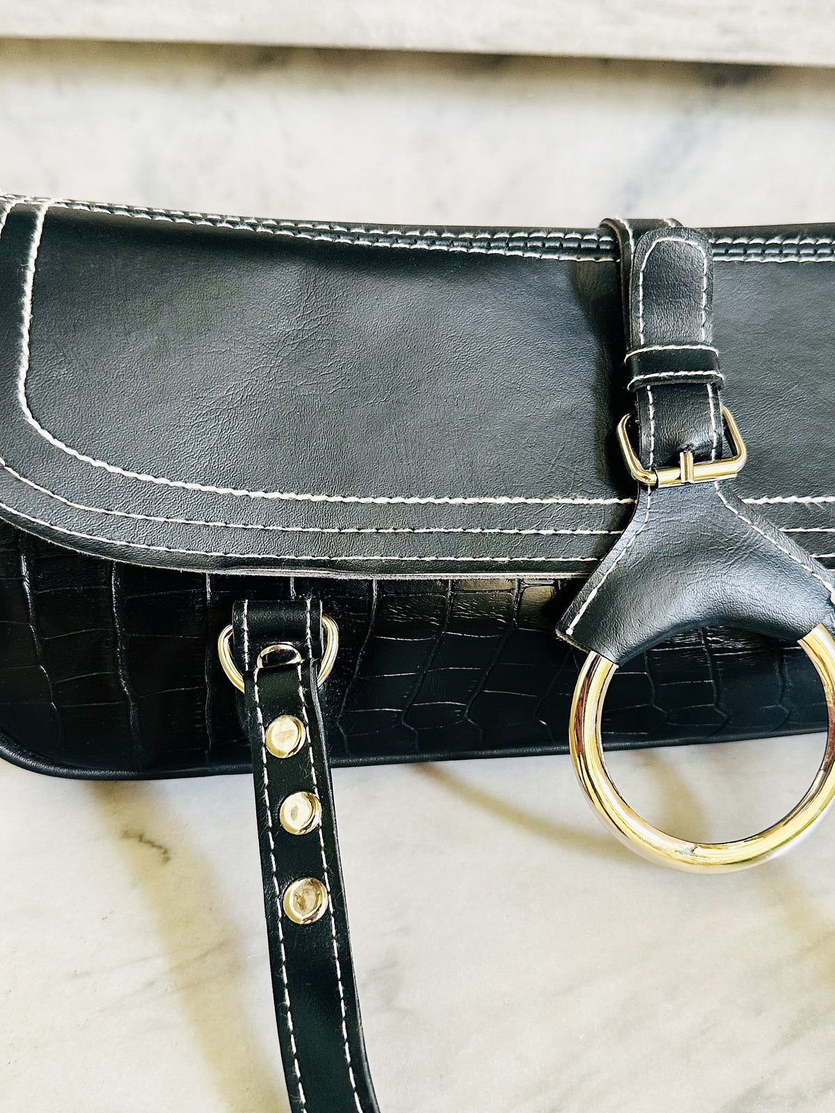 Borsa Baguette Vintage Y2K Nera Effetto Cocco Shoulder Bag