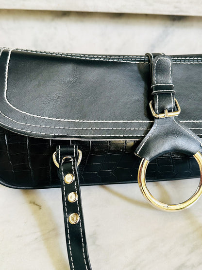 Borsa Baguette Vintage Y2K Nera Effetto Cocco Shoulder Bag