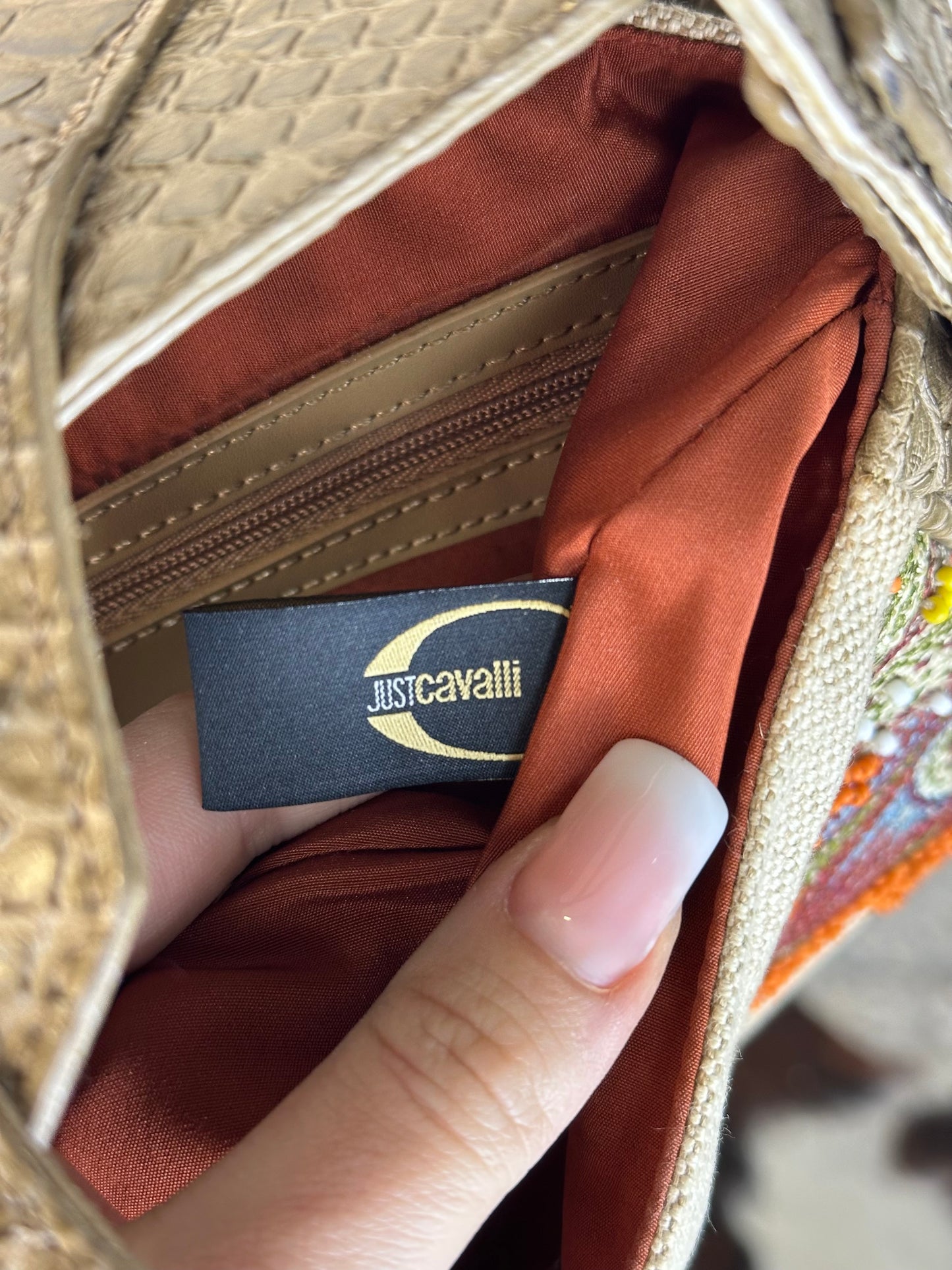JUST CAVALLI - Borsa hobo-chic Y2K in tessuto ricamato e pelle effetto pitone
