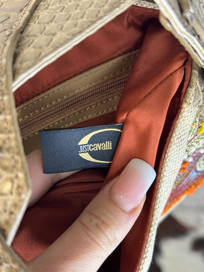 JUST CAVALLI - Borsa hobo-chic Y2K in tessuto ricamato e pelle effetto pitone
