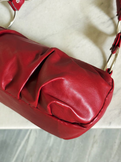 Vintage Y2K Red Leather Ruched Baguette Bag – Borsa in Pelle Rossa