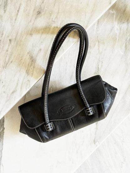 TOD’S - Borsa vintage in pelle nera con cuciture a contrasto