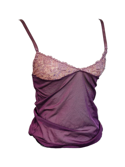 Y2k tank micromesh top, Top Vintage in Micromesh Viola con Dettagli in Pizzo Rosa Malva