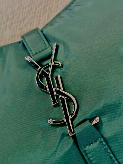 SAINT LAURENT PARIS - Borsa Shoulder in Nylon Verde Racing con profili rossi